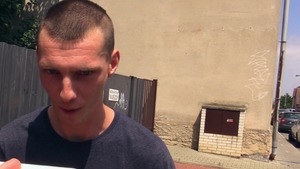 Tatted-up man pulls down his jeans and bangs outside