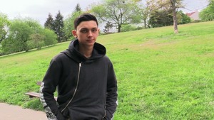 slim brunette hair twink cums all over himself after sex