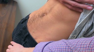 Skinny and hirsute guy receives poked sideways on cam
